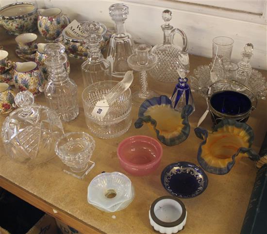 Quantity of plain, cut & coloured glassware, inc 2 scent bottles, Baccarat decanter, cheese dome, etc (faults)